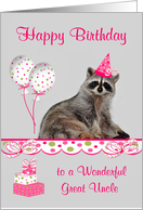 Birthday to Great Uncle, adorable raccoon wearing a party hat, bows card