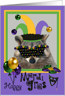 Mardi Gras with a Cute Raccoon Wearing a Mask and a Jester Hat card