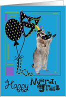 Mardi Gras, Raccoon holding a mask, balloons, beads, hat, chips, blue card