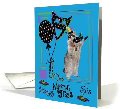Mardi Gras To Sister, Raccoon holding a mask wearing a jester hat card