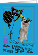 Mardi Gras To Brother, Raccoon holding a mask wearing a jester hat card