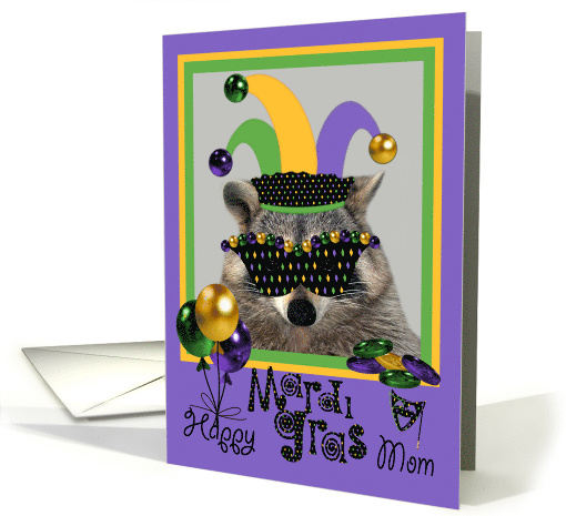 Mardi Gras to Mom with a Raccoon Wearing a Mask and Jester Hat card