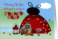 Thinking Of You At Summer Camp Card with a Raccoon by a Bonfire card