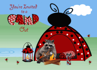 Invitations, Camp Out, general, Raccoon toasting a marshmallow, tent