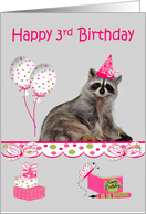3rd Birthday, adorable raccoon wearing a party hat with balloons, bows card