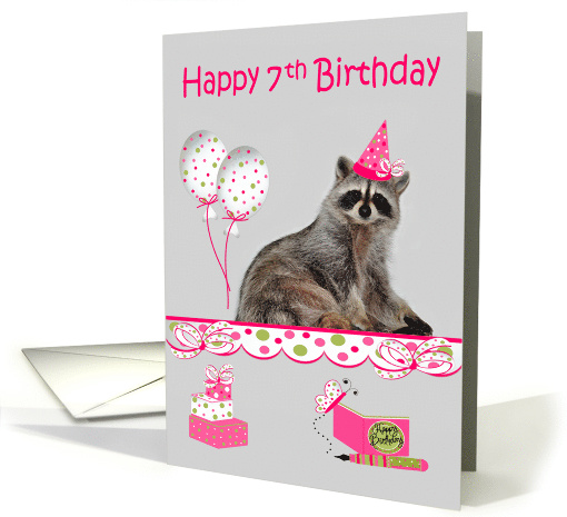 7th Birthday, adorable raccoon wearing a party hat with... (943920)