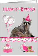 11th Birthday, adorable raccoon wearing a party hat with balloons, bow card