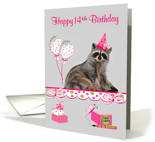 14th Birthday, adorable raccoon wearing party hat with... (944087)