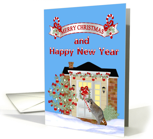 Christmas, general, Raccoon eating a candy cane in the snow card