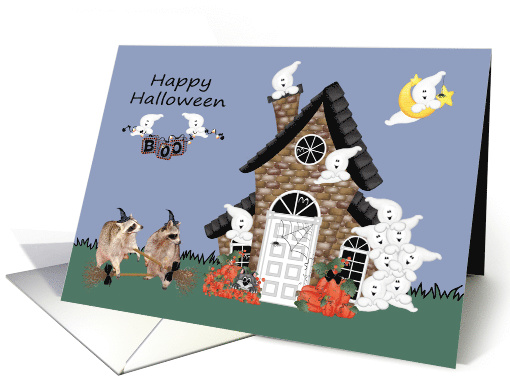 Halloween, general, Raccoon Warlocks with brooms, haunted house card
