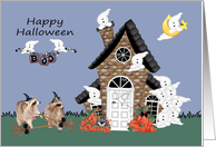 Halloween, general, Raccoon Warlocks with brooms, haunted house card