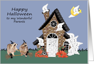 Halloween to Parents, Raccoon Warlocks with brooms, ghosts on blue card