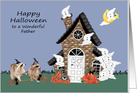 Halloween to Father, Raccoon Warlocks with brooms, ghosts on blue card