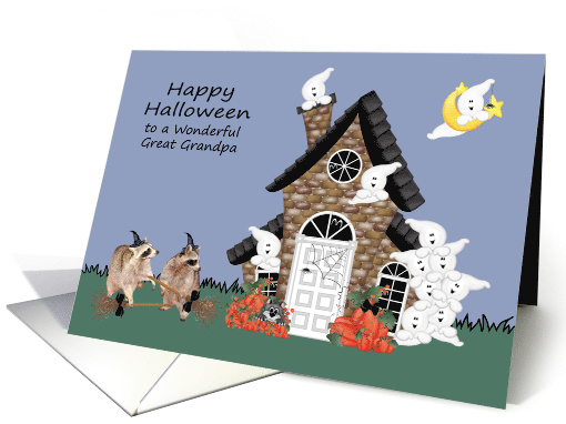 Halloween to Great Grandma, Raccoon Warlocks with brooms, ghosts card