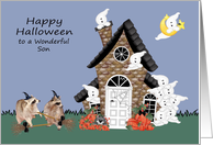 Halloween to Son, Raccoon Warlocks with brooms, ghosts on blue card