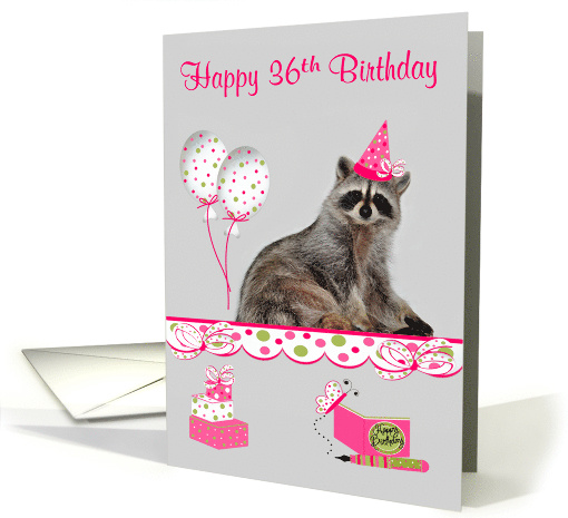 36th Birthday, adorable raccoon wearing party hat with... (945520)