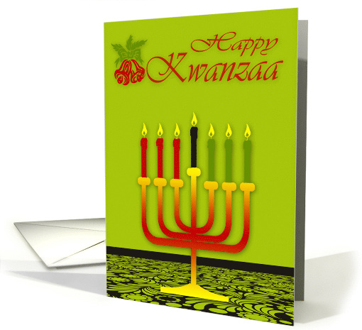 Kwanzaa Card Kinara with Seven candles and Bells on Green card