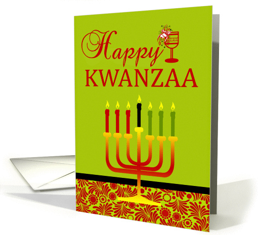 Kwanzaa to Parents, Kinara with seven candles, glass on green card