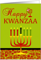 Kwanzaa to Parents, Kinara with seven candles, glass on green card