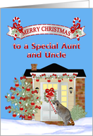 Christmas to Aunt and Uncle, cute raccoon eating a candy cane card