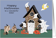Halloween to Sister, Raccoon Warlocks with brooms, ghosts on blue card