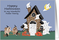 Halloween to Foster Family, Raccoon Warlocks with brooms, ghosts card