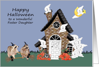 Halloween to Foster Daughter, Raccoon Warlocks with brooms, ghosts card