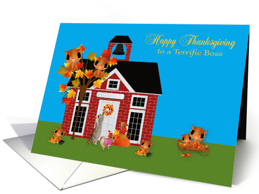 Thanksgiving to Boss, Raccoon and Pomeranian with owls on blue card