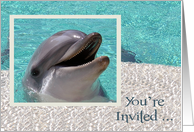 Invitations, Pool Party, cute dolphin smiling in white and blue water card