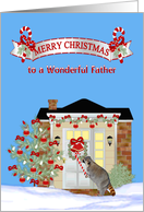 Christmas to Father, Raccoon eating a candy cane, decorated house card