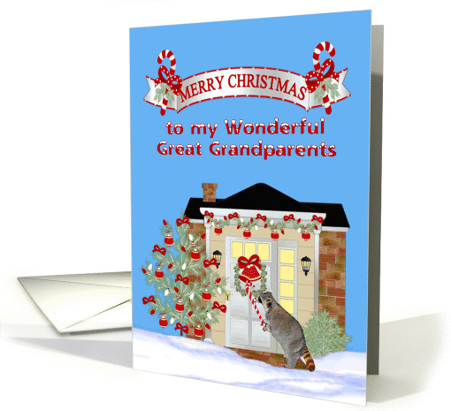 Christmas to Great Grandparents, Raccoon eating a huge candy cane card