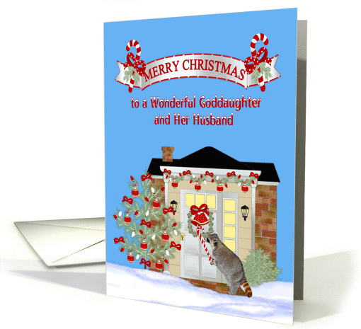 Christmas to Goddaughter and Husband, Raccoon eating a candy cane card