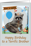Birthday to Brother, Raccoon holding a line of fish on a pole, balloon card