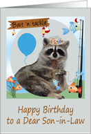 Birthday to Son-in-Law, Raccoon holding a line of fish with balloon card