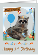 1st Birthday, Raccoon holding a line of fish with a pole and a balloon card