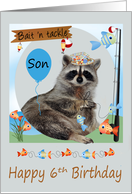6th Birthday To Son, Raccoon holding a line of fish with a pole card