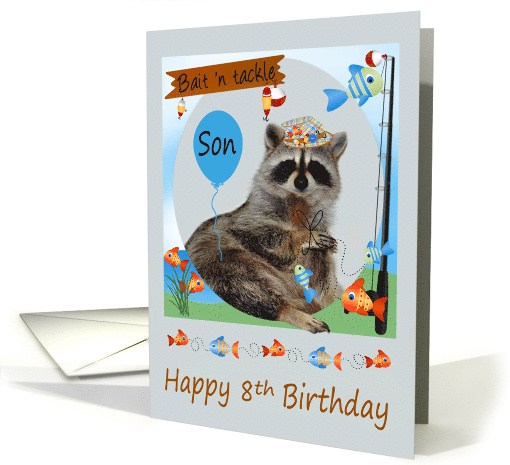 8th Birthday to Son, Raccoon fishing with a pole with... (954901)