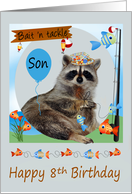 8th Birthday to Son, Raccoon fishing with a pole with fish, balloon card