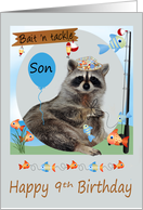 9th Birthday To Son, Raccoon fishing with a pole with fish, balloon card