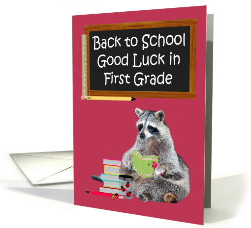 Back to School, First Grade, Raccoon holding a book, lady bugs card