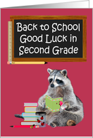 Back to School, Second Grade, Raccoon holding a book, chalkboard card