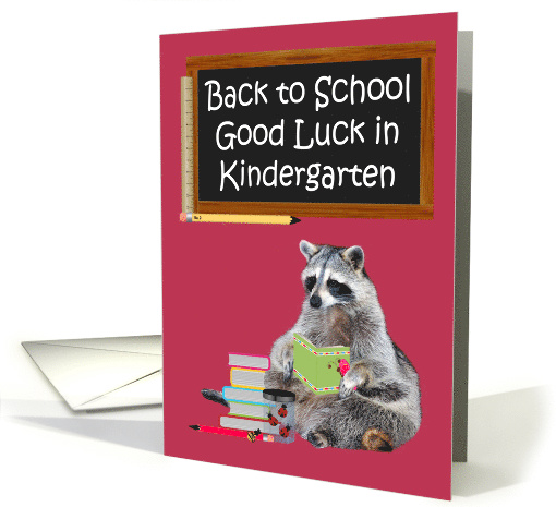 Back to School, Kindergarten, Raccoon holding a book, ladybugs card