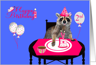 2nd Birthday, general, an adorable raccoon In a pink party hat, cake card