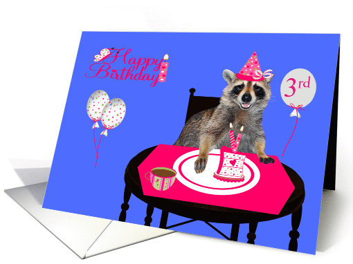 3rd Birthday, general, adorable raccoon in a pink party hat, cake card