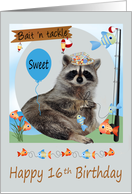 16th Birthday with a Raccoon Fishing Holding a Pole and a Balloon card