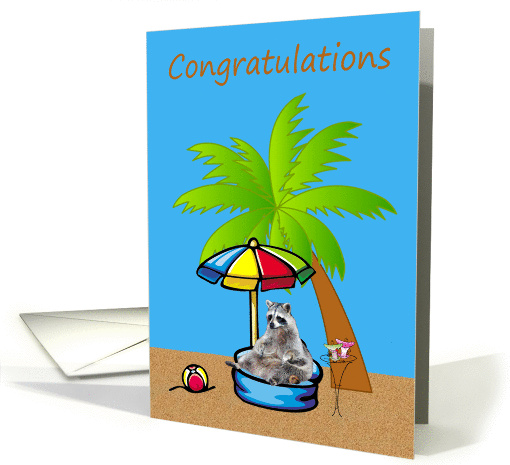 Congratulations, Retirement, Raccoon enjoying life by a palm tree card