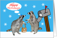 Happy Holidays from Mail Carrier with Raccoons by a Mailbox in Snow card