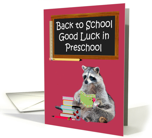 Back to School, Preschool, Raccoon holding a book, chalkboard card