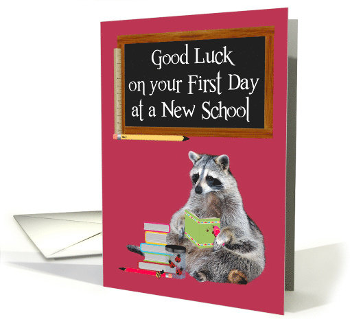 First Day at New School Raccoon with Books Under a Chalkboard card