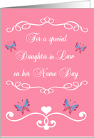 Name Day to Daughter-in-Law, colorful butterflies on a pink background card
